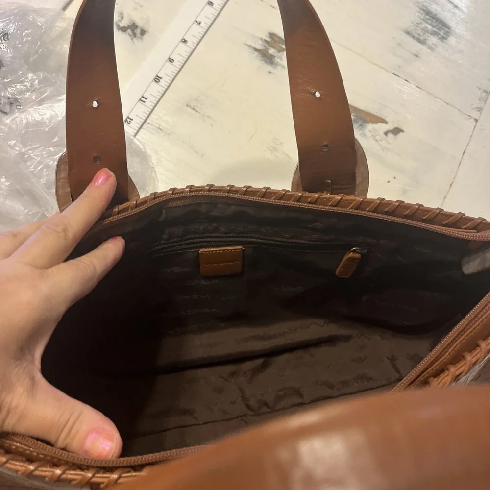 via spiga bag Satchel Brown With Cut Out Designs Leather